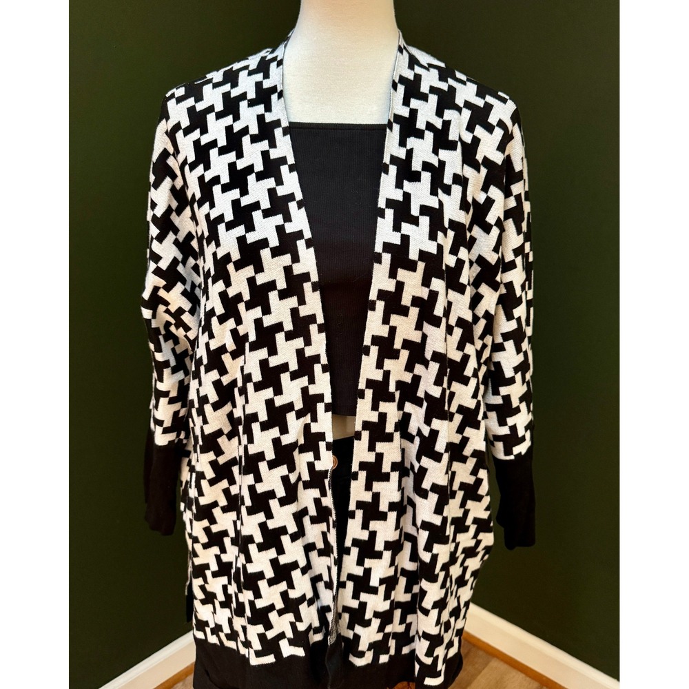 Chico's Black & White Houndstooth Knit Open Front Cardigan Sweater Women's L/XL